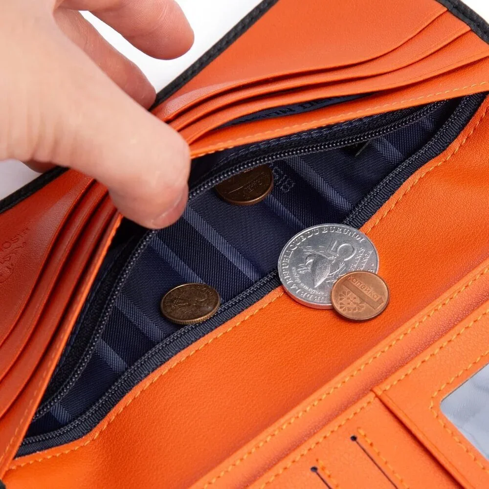 Men's Bifold Long Wallet Card Orange Real Leather Zipper Coin Pocket Design